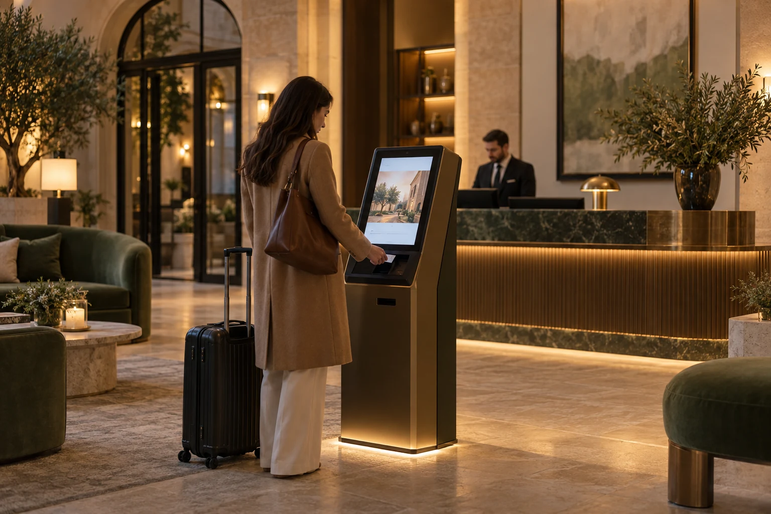 Gość z bagażem przy kiosku samoobsługowym w lobby hotelowym