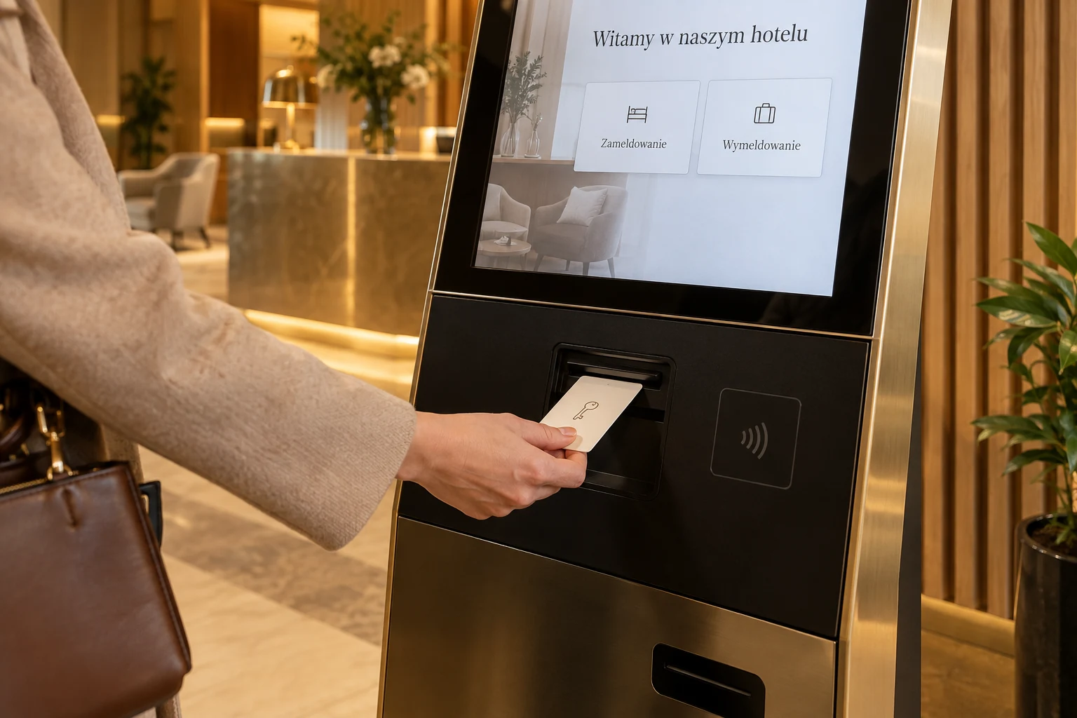Gość hotelowy korzysta ze stanowiska meldunkowego